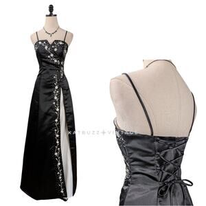 Vintage Prom Dress Maxi Gown XS Black White 90s Y2K Corset Goth Floral Bead Glam